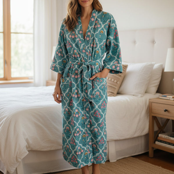Teal Ditsy Floral Print 100% Cotton Block Print Dressing Gown