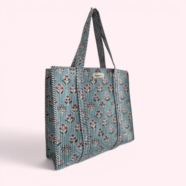 Pale Blue and Pink Ditsy Floral Quilted Cotton Tote Bag