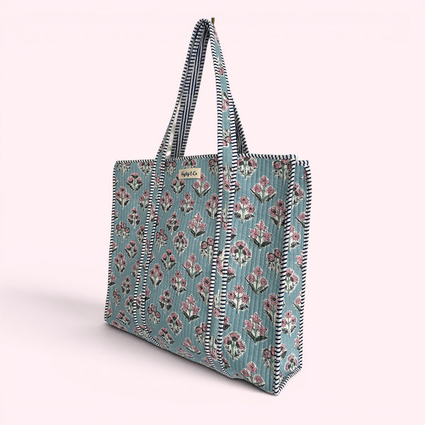 Pale Blue and Pink Ditsy Floral Quilted Cotton Tote Bag