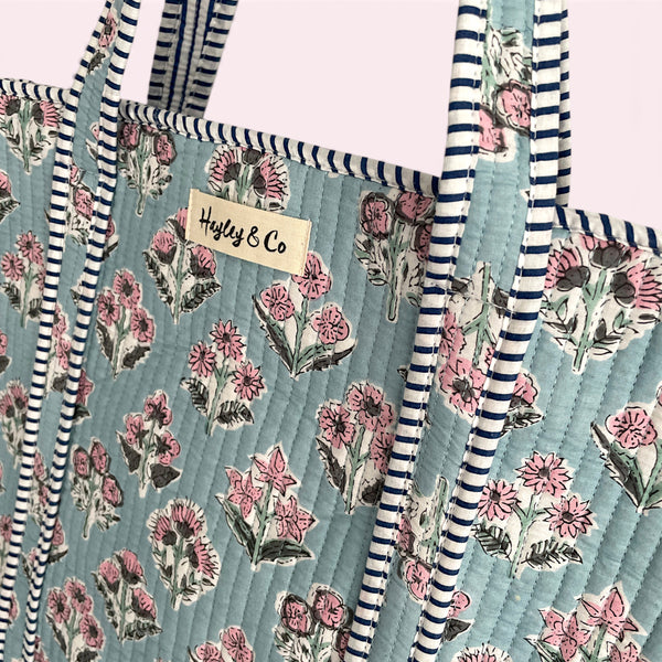 Pale Blue and Pink Ditsy Floral Quilted Cotton Tote Bag