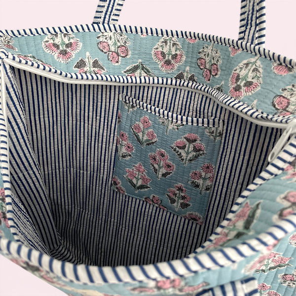 Pale Blue and Pink Ditsy Floral Quilted Cotton Tote Bag