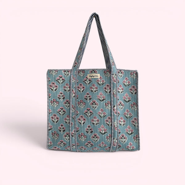 Pale Blue and Pink Ditsy Floral Quilted Cotton Tote Bag