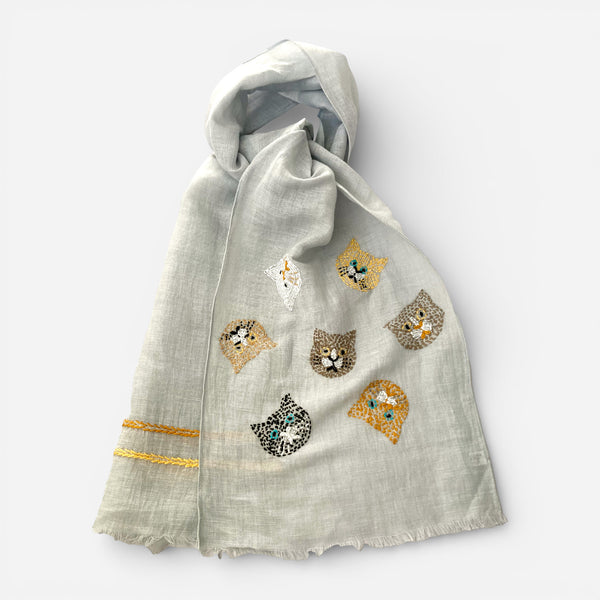 Hand Embroidered 100% Linen Scarf with Cat face design