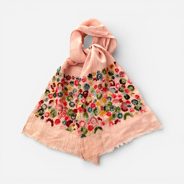 Hand Embroidered 100% Linen Scarf in Blush Pink Floral