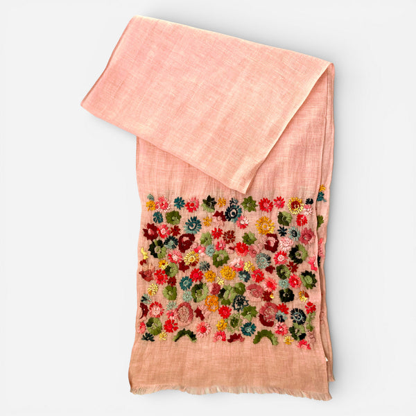 Hand Embroidered 100% Linen Scarf in Blush Pink Floral