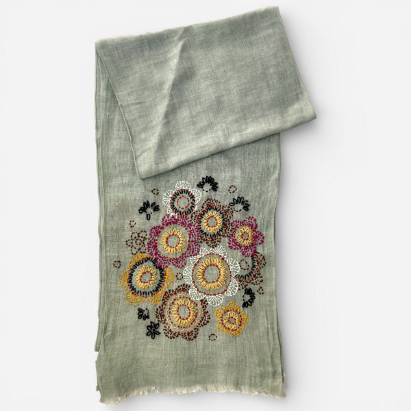Hand Embroidered 100% Linen Scarf in Grey Floral