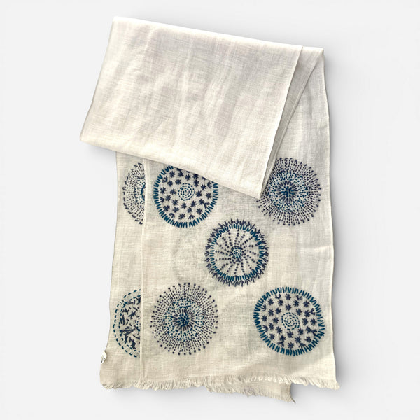 Hand Embroidered 100% Linen Scarf in Light Grey and Blue