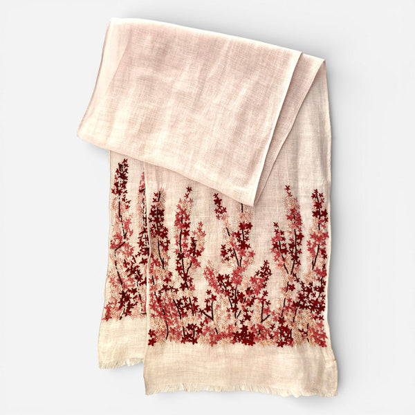 Hand Embroidered 100% Linen Scarf in Light Pink Meadow Floral