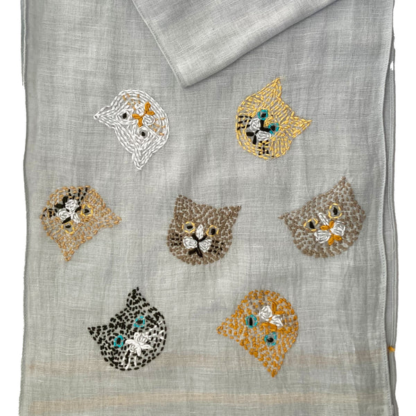 Hand Embroidered 100% Linen Scarf with Cat face design