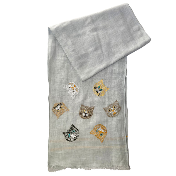 Hand Embroidered 100% Linen Scarf with Cat face design