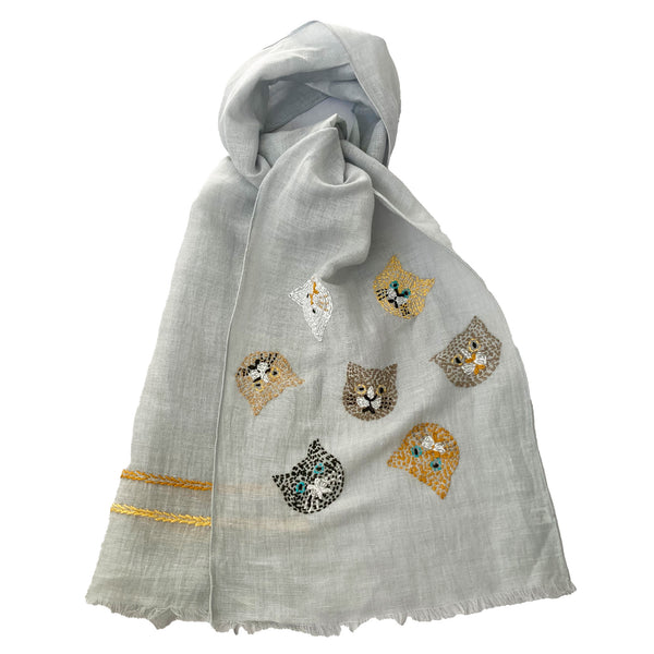 Hand Embroidered 100% Linen Scarf with Cat face design
