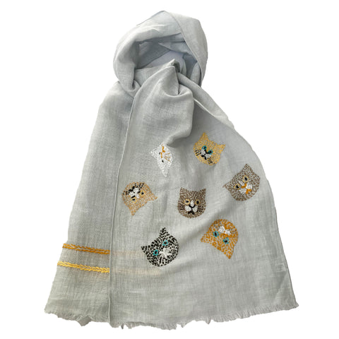 Hand Embroidered 100% Linen Scarf with Cat face design