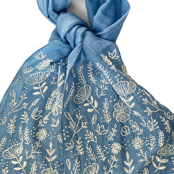 Hand Embroidered 100% Linen Scarf in Denim Blue Floral