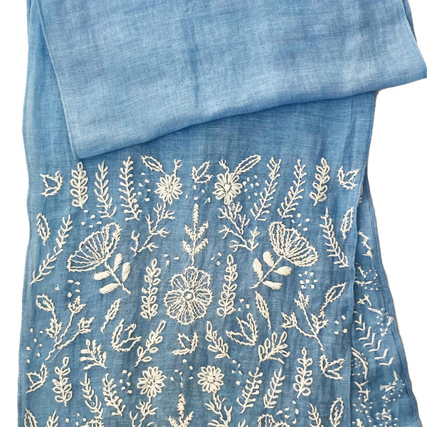 Hand Embroidered 100% Linen Scarf in Denim Blue Floral