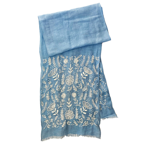 Hand Embroidered 100% Linen Scarf in Denim Blue Floral