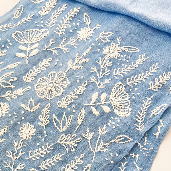 Hand Embroidered 100% Linen Scarf in Denim Blue Floral