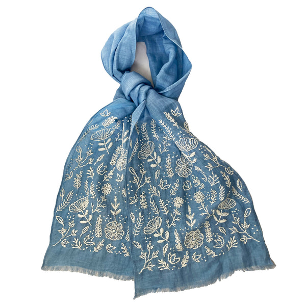 Hand Embroidered 100% Linen Scarf in Denim Blue Floral