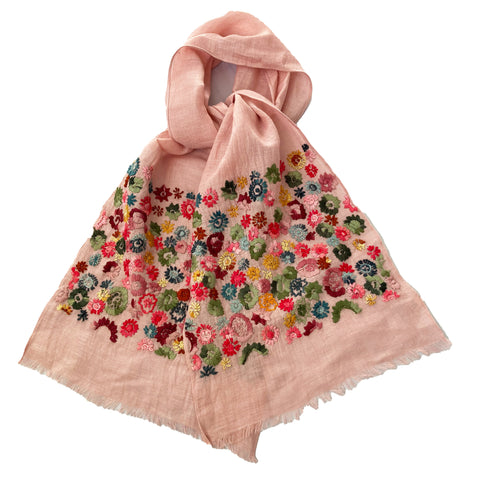 Hand Embroidered 100% Linen Scarf in Blush Pink Floral