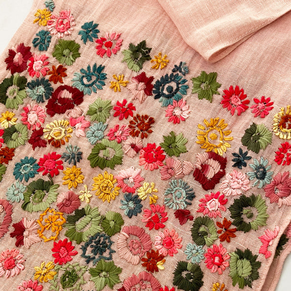 Hand Embroidered 100% Linen Scarf in Blush Pink Floral