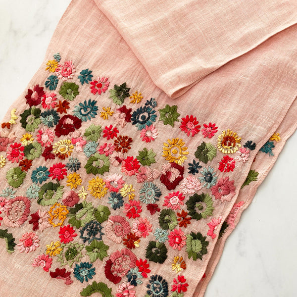 Hand Embroidered 100% Linen Scarf in Blush Pink Floral