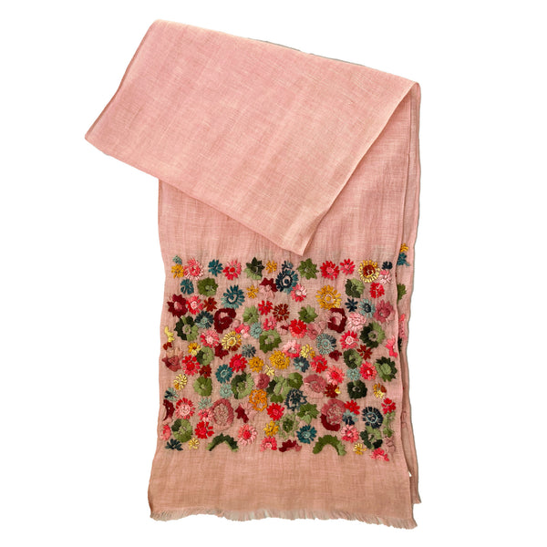 Hand Embroidered 100% Linen Scarf in Blush Pink Floral