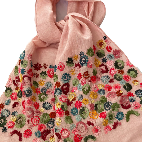 Hand Embroidered 100% Linen Scarf in Blush Pink Floral
