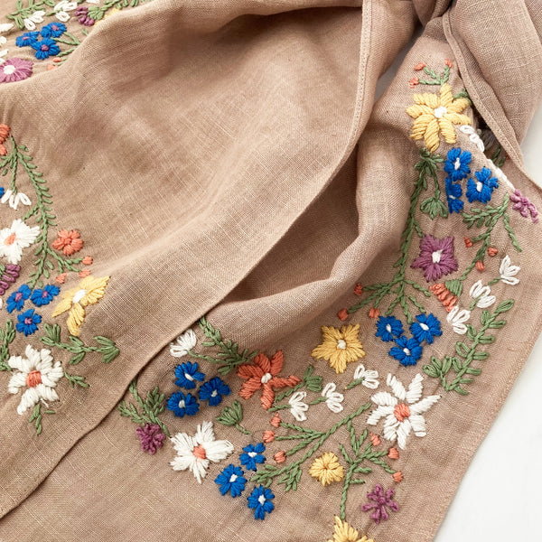 Hand Embroidered 100% Linen Scarf in Soft Brown Floral