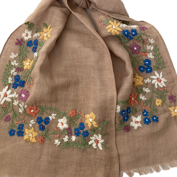 Hand Embroidered 100% Linen Scarf in Soft Brown Floral
