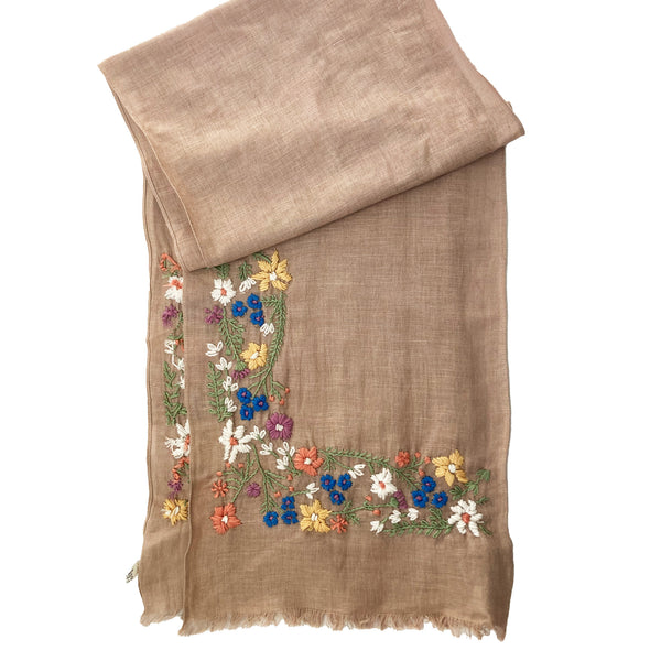 Hand Embroidered 100% Linen Scarf in Soft Brown Floral