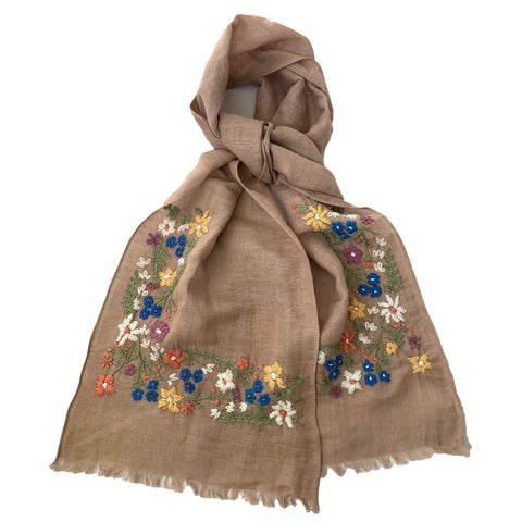 Hand Embroidered 100% Linen Scarf in Soft Brown Floral