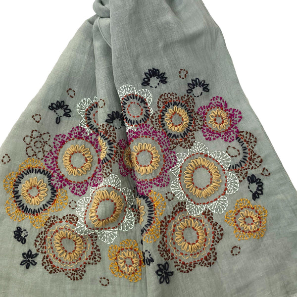 Hand Embroidered 100% Linen Scarf in Grey Floral