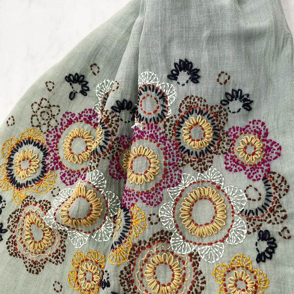 Hand Embroidered 100% Linen Scarf in Grey Floral