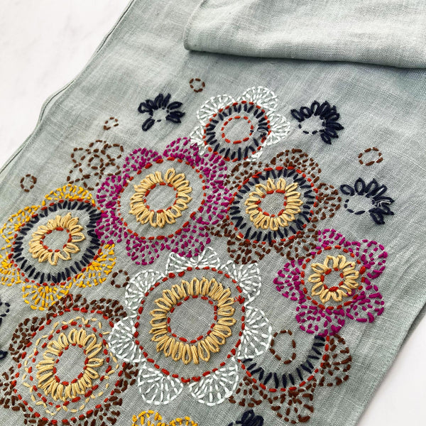 Hand Embroidered 100% Linen Scarf in Grey Floral