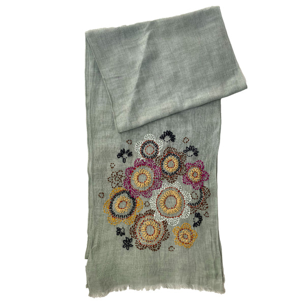 Hand Embroidered 100% Linen Scarf in Grey Floral