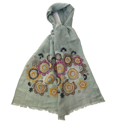 Hand Embroidered 100% Linen Scarf in Grey Floral