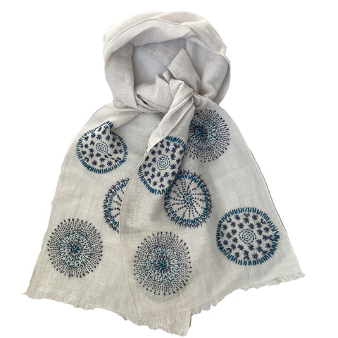 Hand Embroidered 100% Linen Scarf in Light Grey and Blue