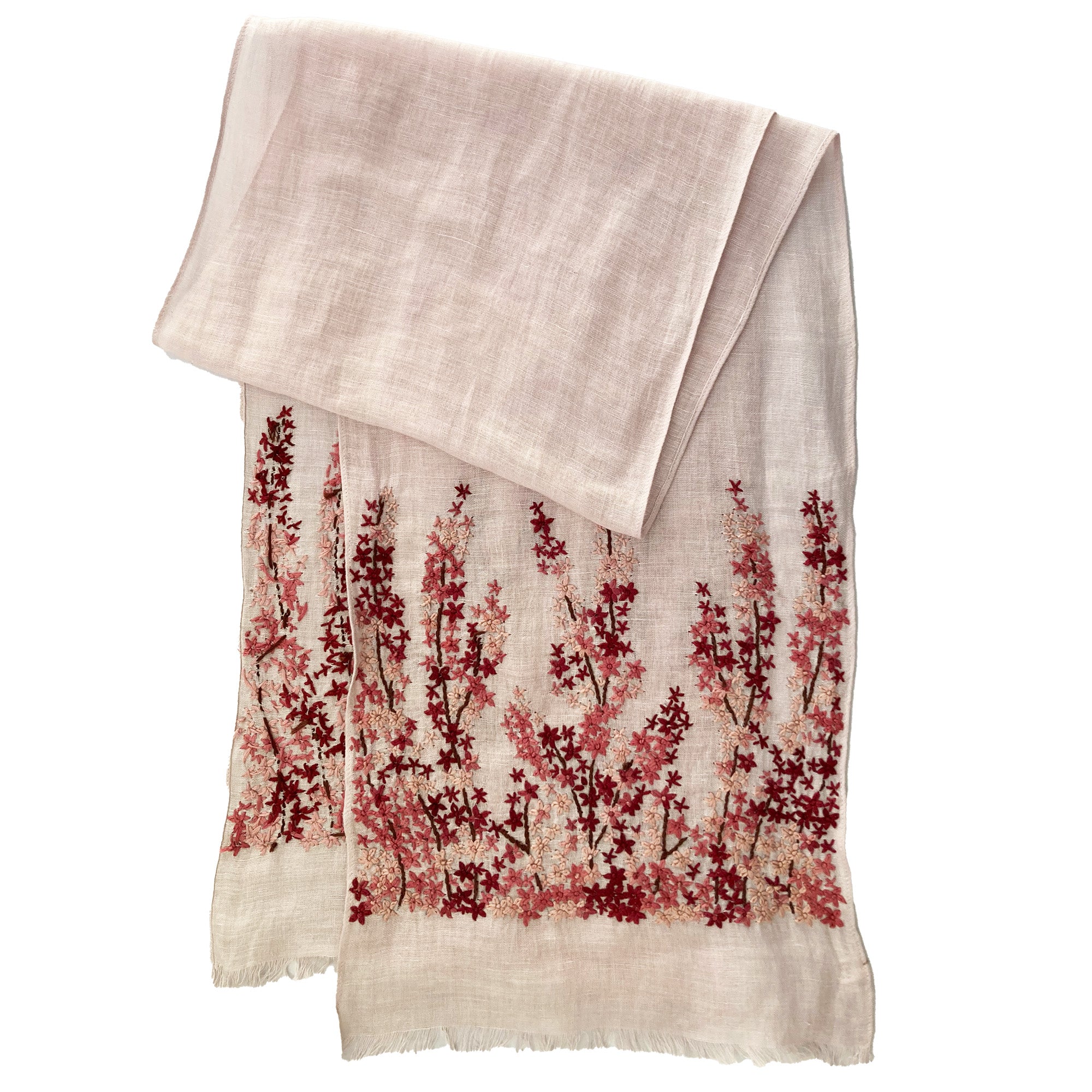 Hand Embroidered 100% Linen Scarf in Light Pink Meadow Floral