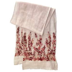 Hand Embroidered 100% Linen Scarf in Light Pink Meadow Floral