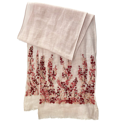 Hand Embroidered 100% Linen Scarf in Light Pink Meadow Floral
