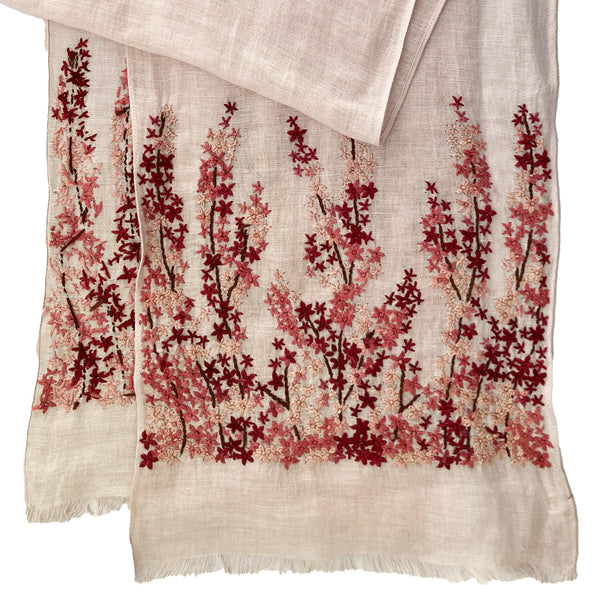 Hand Embroidered 100% Linen Scarf in Light Pink Meadow Floral
