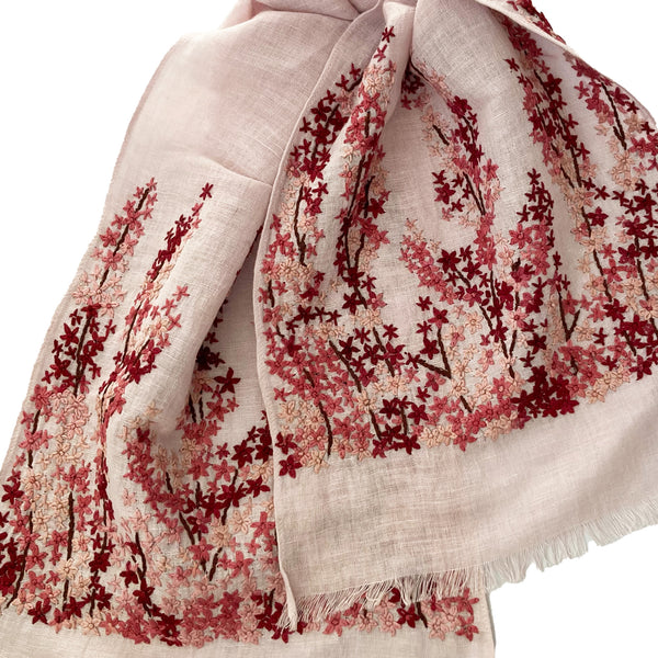 Hand Embroidered 100% Linen Scarf in Light Pink Meadow Floral