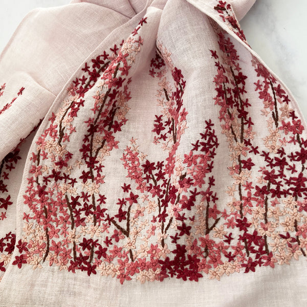 Hand Embroidered 100% Linen Scarf in Light Pink Meadow Floral