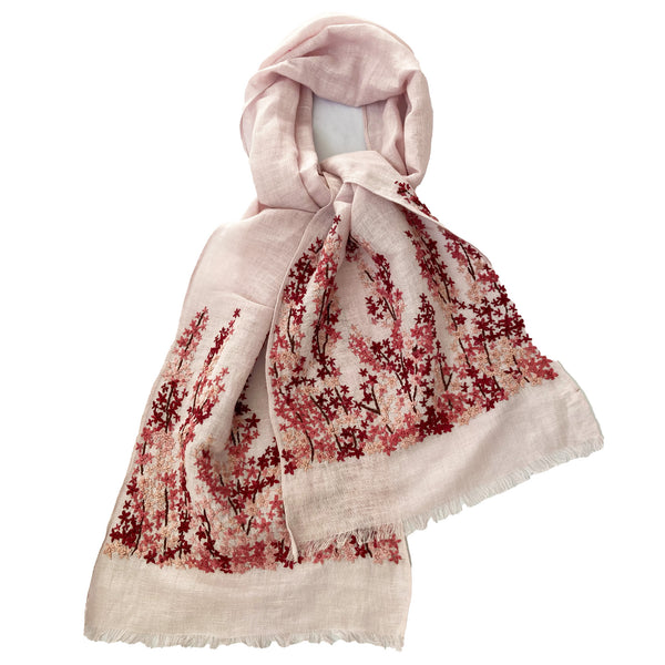 Hand Embroidered 100% Linen Scarf in Light Pink Meadow Floral