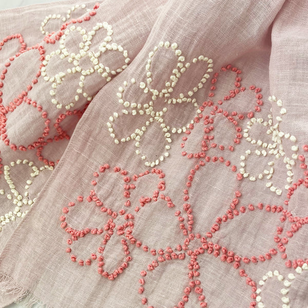Hand Embroidered 100% Linen Scarf in Pale Pink with French Knot Flower details