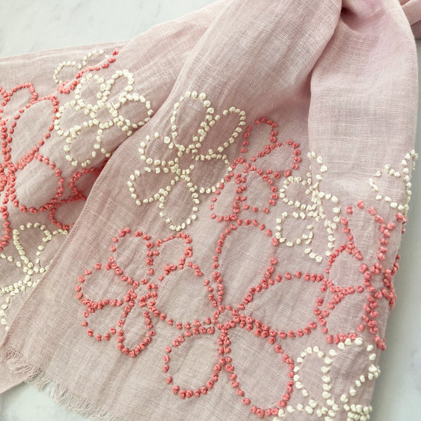 Hand Embroidered 100% Linen Scarf in Pale Pink with French Knot Flower details