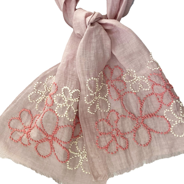 Hand Embroidered 100% Linen Scarf in Pale Pink with French Knot Flower details