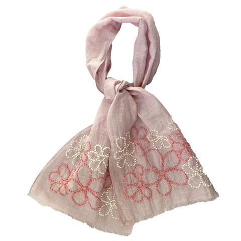 Hand Embroidered 100% Linen Scarf in Pale Pink with French Knot Flower details