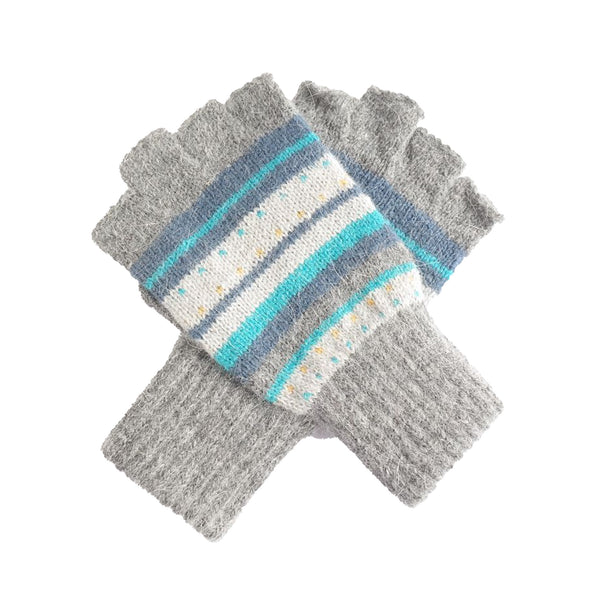 Fingerless Gloves with Grey and Turquoise Stripe