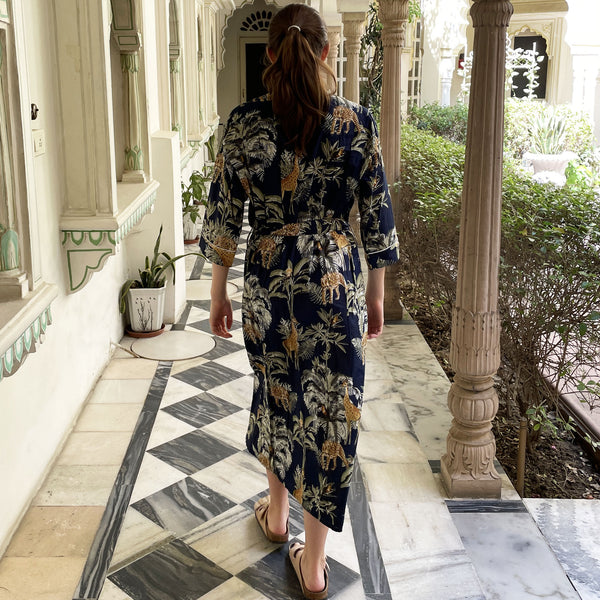 Giraffe Print 100% Cotton Dressing Gown in Dark Blue