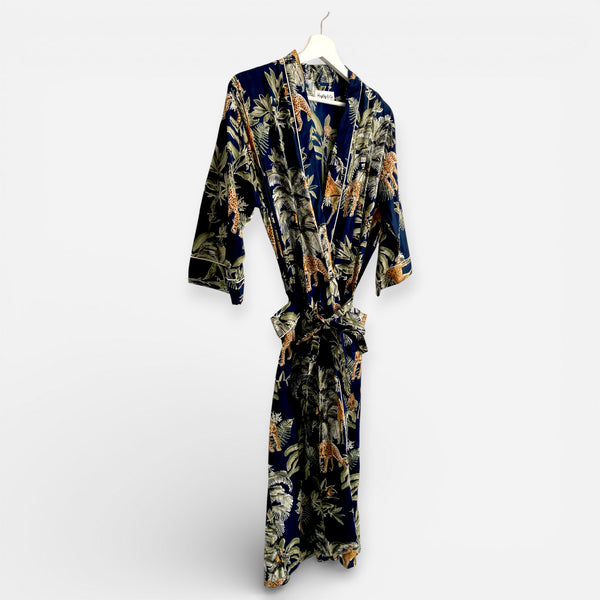 Giraffe Print 100% Cotton Dressing Gown in Dark Blue